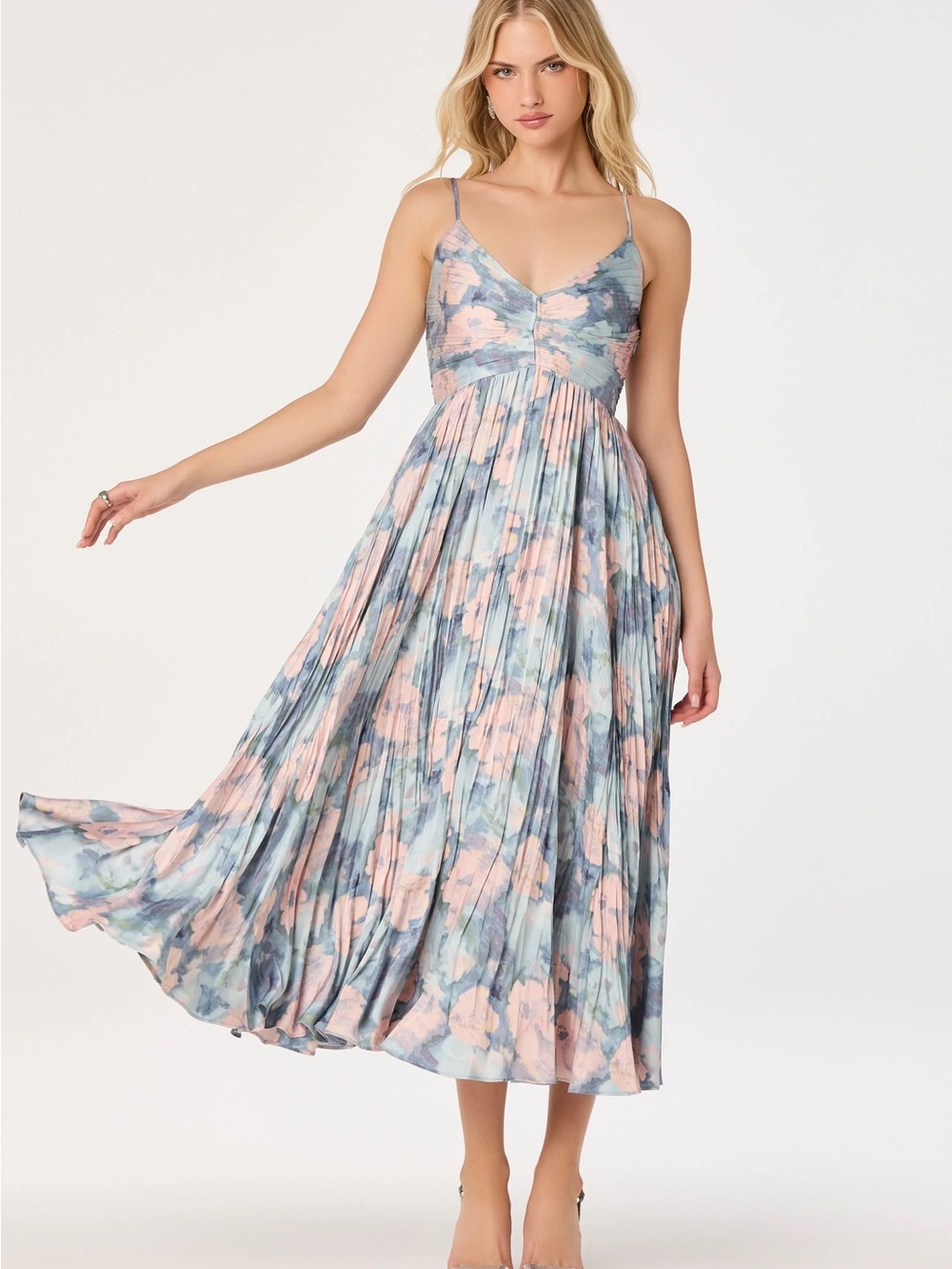 Astr Pleated Floral Midi Dress in Blue and Pink